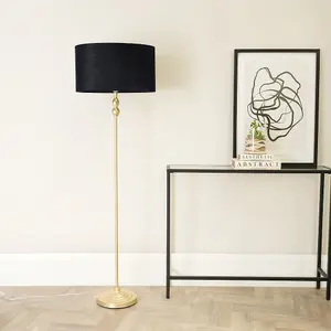 ValueLights Maggie Gold Candlestick Floor Lamp with Black Velvet Lamp Shade and LED Bulb