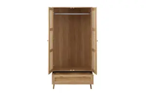 Brown Oak 2 Door Wardrobe Rattan 1 Drawer Mid Century Modern