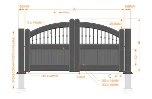 Double Swing Gate 4500x1800mm Black - Vertical Solid Infill, Bell-Curved Top