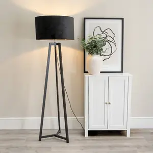 ValueLights Lottie Black Wood Tripod Floor Lamp with Black Velvet Drum Shade - LED Bulb Included