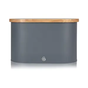 Swan Nordic Bread Bin Grey with Wooden Chopping Board Lid