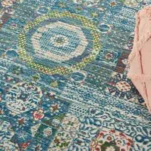 Ivory Blue Rug, Stain-Resistant Luxurious Rug, Traditional Bordered Floral Rug for Bedroom, & DiningRoom-122cm (Circle)