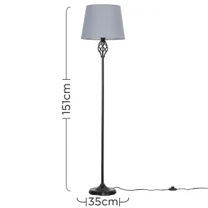 ValueLights Memphis Traditional Style Black Barley Twist Floor Lamp with Grey Light Shade