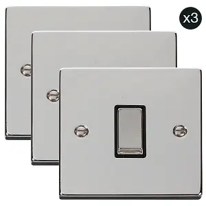 3 PACK - Polished Chrome 10A 1 Gang 2 Way Ingot Light Switch - Black Trim - SE Home