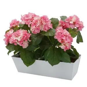 GreenBrokers Artificial Pink Hydrangea Flower in White Tin Window Box (45cm)