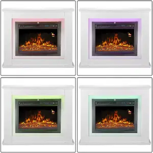 Modern White Electric Fireplace with Remote Control, Triangle LED Log Fire, and Stylish Mantle