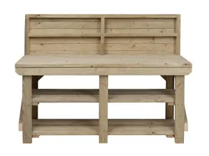 Indoor/outdoor workbench pressure treated station (H-90cm, D-64cm, L-270cm) with back panel and double shelf