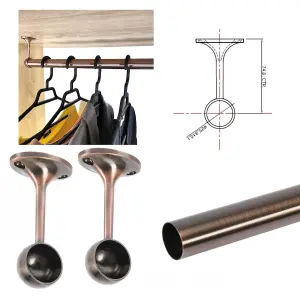 Suspended Round Wardrobe Rail Hanging Tube Pipe 700mm Antique Copper Set with End Brackets