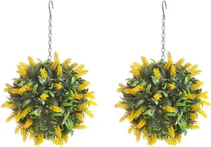 Pair of Best Artificial 24cm Yellow Lush Lavender Hanging Basket Flower Topiary Ball - Weather & Fade Resistant