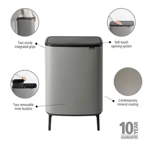 Brabantia Bo Hi 30 Litre + 30 Litre Touch Bin with Two Inner Buckets Mineral Concrete Grey