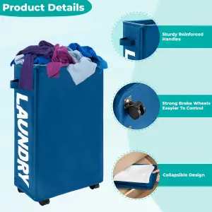 Navy Polyester Laundry Hamper Collapsible Medium Laundry Basket with Wheels - 38L