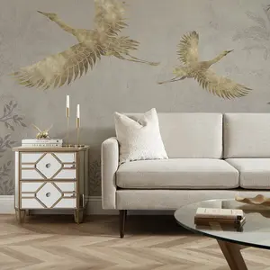 Oriental Cranes Mural In Stone With Gold Effect (350cm x 240cm)