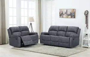 Alaska Grey Suede Fabric Sofa Suite Manual Reclining Sofa Set 3 + 2 Seater Sofas High Back