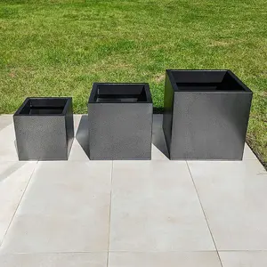 60cm Zinc Silver & Black Textured Square Planter