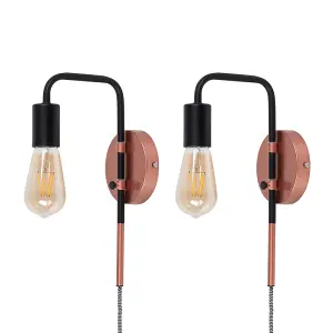 ValueLights Holden Pair of Industrial Copper and Black Pipework Plug in Swing Arm Wall Lights