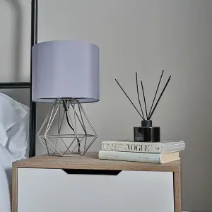 ValueLights Angus Modern Geometric Grey Metal Cage Bedside Table Lamp with Grey Fabric Shade