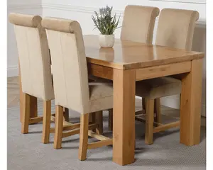 Dakota 152 x 87 cm Chunky Medium Oak Dining Table and 4 Chairs Dining Set with Washington Beige Fabric Chairs