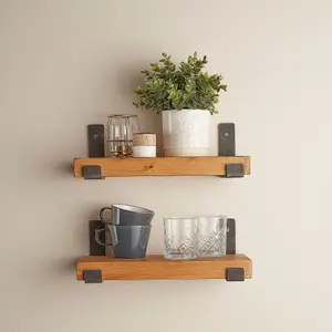 Rustic Wooden Shelves with L Brackets - Set of 2 - 110cm