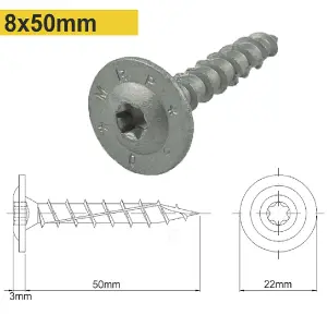 Pack of 50 - Heavy Duty Ceramic Coated Wafer Head Flange Joinery Screw - Construction Screws - Wood Screws - Timber Screws - 8x50m