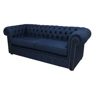 Chesterfield 3 Seater Sofa Charles Midnight Blue Real Linen Fabric In Classic Style