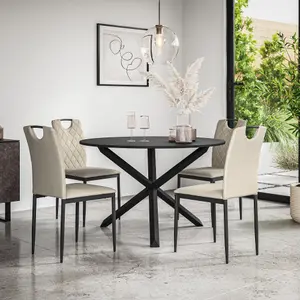 Malvern Round Dining Table And Chairs -  Black Table Top w Solid Oak Black Legs + Monza Fabric Dining Chair Set Of 4 (Beige)