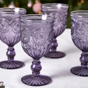 Set of 8 Vintage Luxury Purple Embossed Drinking Wine Glass Wine Goblets 290ml