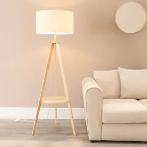 ValueLights Morrigan Wooden Tripod Floor Lamp with Linen White Trim Drum Shade and LED Bulb