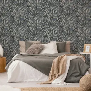 Boutique Sappor Petrol blue Leaves Gold effect Textured Wallpaper