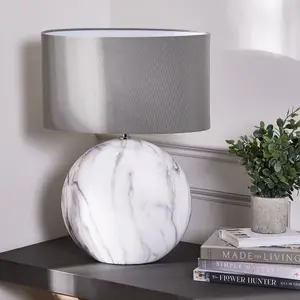 French Style Large Marble Effect Table Lamp with Shade Bedside Table Nightstand Home Office Desk Light