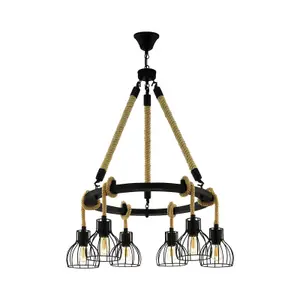 Hanging Ceiling Pendant Light Black & Rope 6x E27 Hallway Feature Chandelier