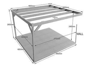 Wall-mounted box pergola and decking, complete DIY kit (4.8m x 4.8m, Light green (natural) finish)