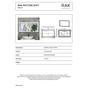 RAK Picture Soft 600x1000 Chrome Square with Touch Sensor Illuminated Mirror IP44