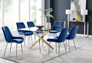 Furniturebox UK Leonardo 6 Gold Dining Table and 6 Navy Pesaro Silver Leg Chairs