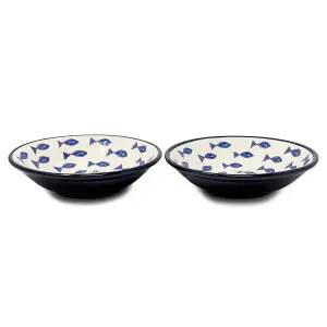 Signature Blue & White Fish Hand Painted Ceramic Set of 2 Pasta Bowls (Diam) 23cm