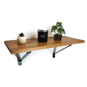 Solid Pine Rustical Shelf Medium Oak with Black GALA Bracket 25x110cm