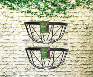 2x Garden Wall Trough Planter 16 Inch Wrought Iron Wall Mounted Black Flower Basket