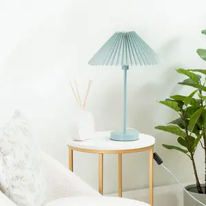 ValueLights Akira Blue Metal Table Lamp with Pleated Lampshade - LED Bulb Included