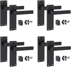 4 Set Door Handles Packs Internal Set Victorian Straight Delta Design Matt Black Finish 150mm Backplate with Latches and Hinges