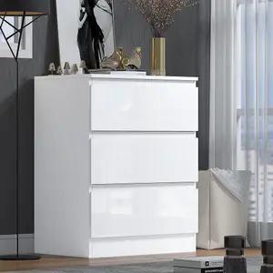 White Gloss Chest Of 3 Drawers Scratch Resistant Bedroom Furniture