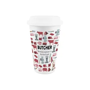 Butcher Ceramic Travel Mug - Novelty Meat Themed Gifts - Double-Walled Insulated Hot/Cold Drinks Cup Present