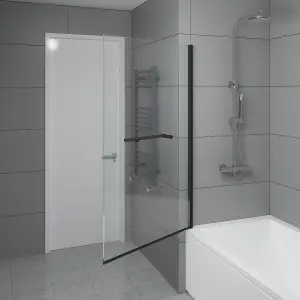 SunDaze 6mm Toughened Safety Glass Straight Pivot Shower Bath Screen with Towel Rail - 1400x800mm Black