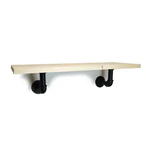 Solid Pine Rustical Shelf Primed Black Industrial Pipe Bracket 20x80cm