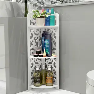 3 Tier Freestanding Corner Bathroom Shelf Carved Shower Storage Organizer Display Rack Shelving Unit White