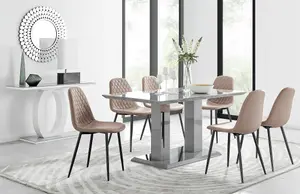 Imperia Grey High Gloss 6 Seater Dining Table with Structural 2 Plinth Column Legs 6 Beige Faux Leather Gold Leg Corona Chairs