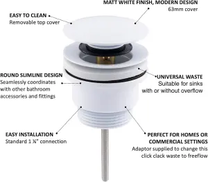 ENKI White Pop Up Round Universal Solid Brass Basin Waste W74