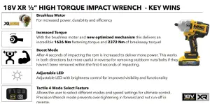 Dewalt 18v DCF961N XR High Torque Impact Wrench 1/2" 1626Nm Bare + 5ah Battery