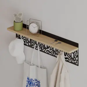 Decortie Novo Wall-Mounted Coat Rack Oak Metal 7 Hooks and Open Shelf Storage Space, Hallway, Bedroom (Black Metal)