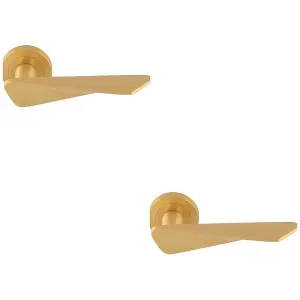 2 PACK - Premium Angle Twist Door Handle Set - Satin Brass Designer Lever on Round Rose