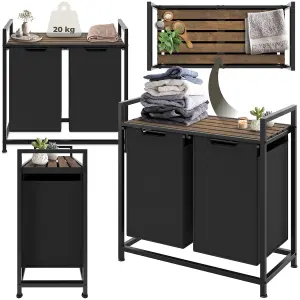 Dual Laundry Basket - 2 pull out compartments, wooden folding shelf & high capacity - black/brown