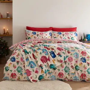 Catherine Lansfield Christmas Jolly Jumpers Reversible Single Duvet Cover Set with Pillowcase Cream